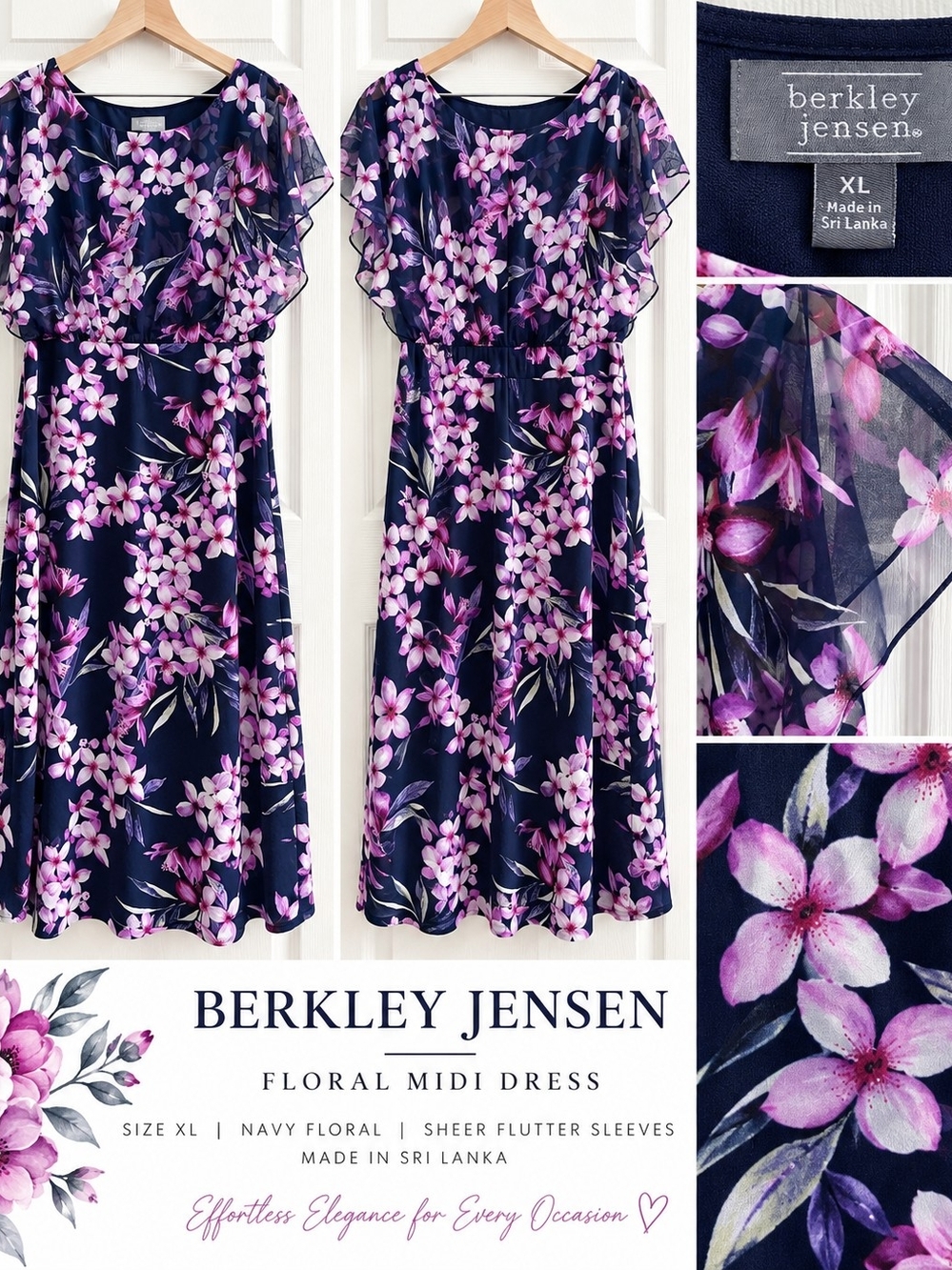 Berkley Jensen Navy Pink Floral Midi Dress Sheer Flutter Sleeve XL